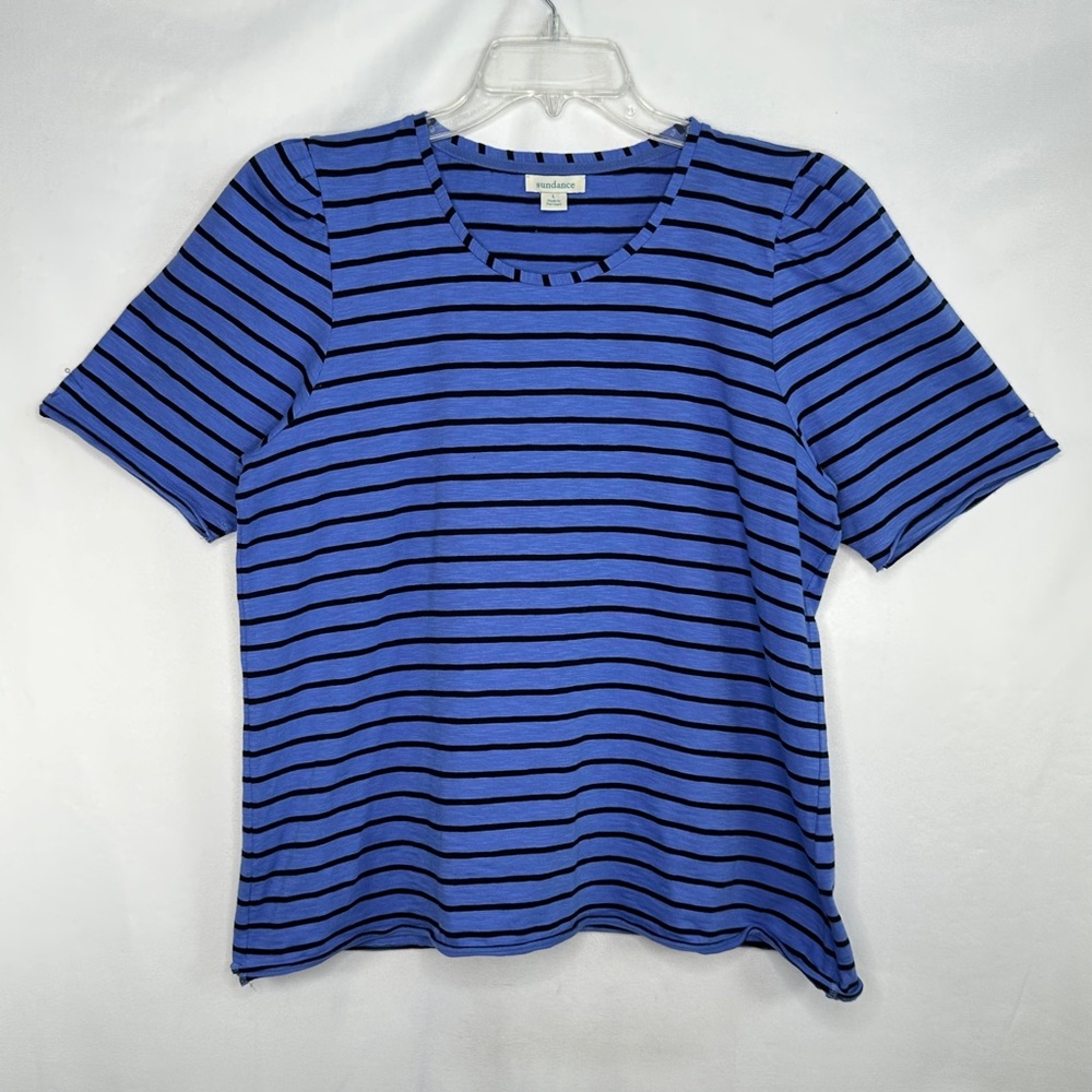 Sundance Periwinkle Black Striped‎ Top T-Shirt Scoop Neck Cotton Sz L